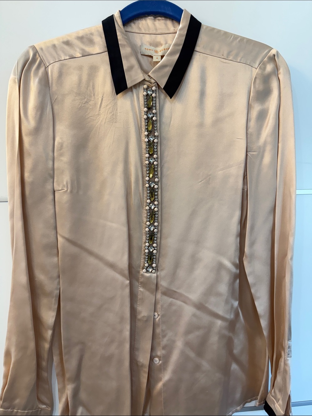 Tory Burch Cream Silk Button-Up Blouse with Black Collar and Jewel Placket